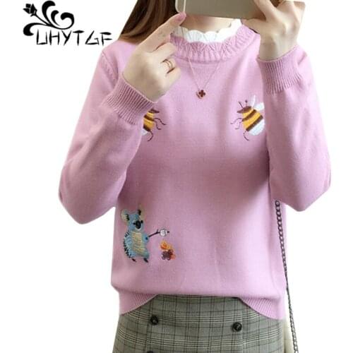 UHYTGF Elegant Student Autumn Winter Sweater Women 2020 Fashion Embroidered Knitted Short Top Korean Pullover Female Clothes1079