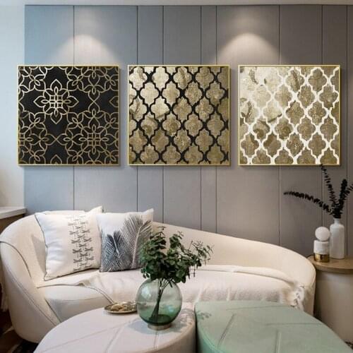 Creative Retro Abstract Wall Art Canvas Painting Golden Lines Pattern Geometric Posters Pictures for Home Living Room Decor
