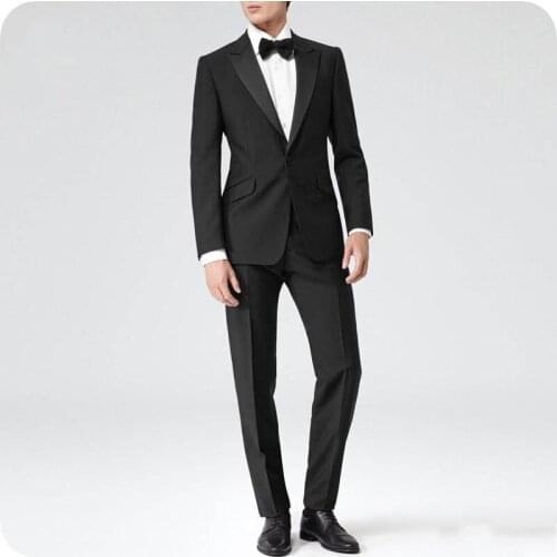 High Quality One Button Black Groom Tuxedos Peak Lapel Groomsmen Men Blazers Suits (Jacket+Pants+Tie) NO:452