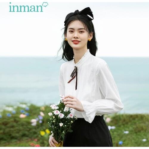 INMAN Autumn Winter Blouse Women Clothing Elegant Cotton Tops Lady Style Hollow Fungus Collar Bow Tie Long Sleeve Basic Shirt