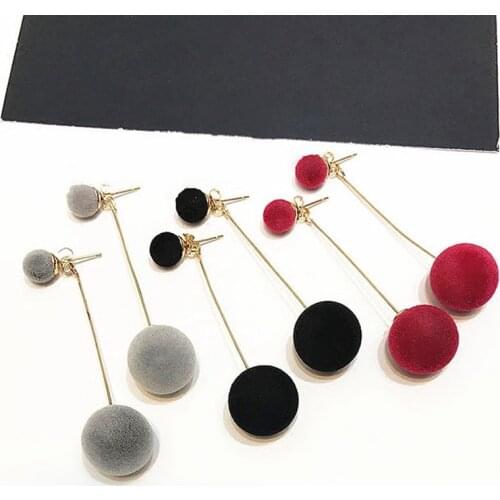 New Red Black Blue Grey Plush Ball Drop Earrings For Women Korea Personality Round Long Tassel Earrings Statement Jewelry Gift