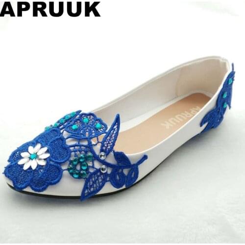 Plus size blue lace womens party wedding shoes crystal rhinestones female lady proms dress dancing flats shoes