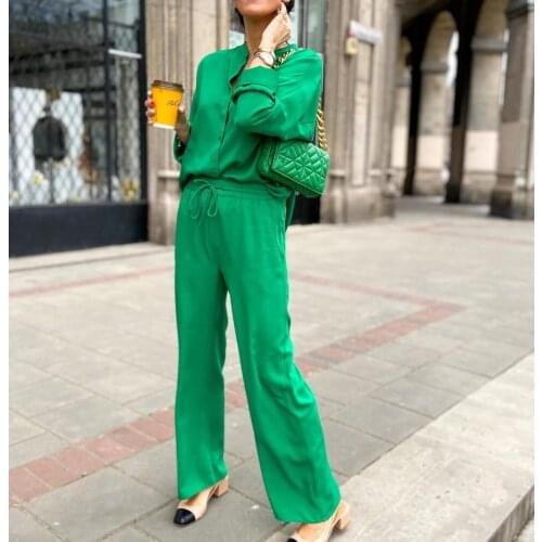 XEASY 2021 New Summer Women Vintage Two-Piece Set Green Loose Round Neck Shirt Elastic High Waist Casual Trousers Pants Set
