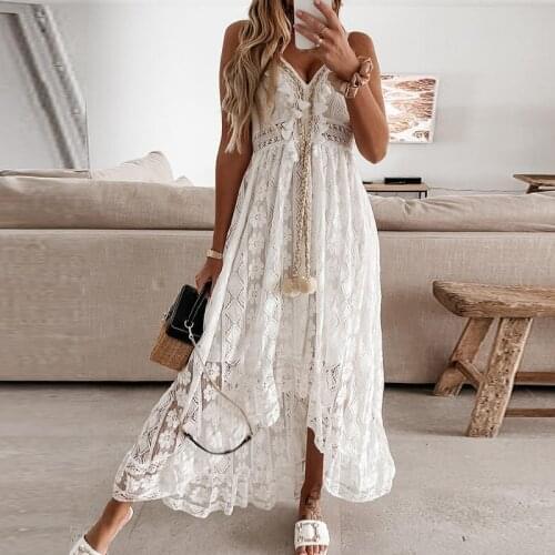 Off Shoulder V-Neck Lace Spaghetti Strap Dress Summer Sleeveless Elegant Sexy Party Evening Dress Sling Dresses For Women 2021