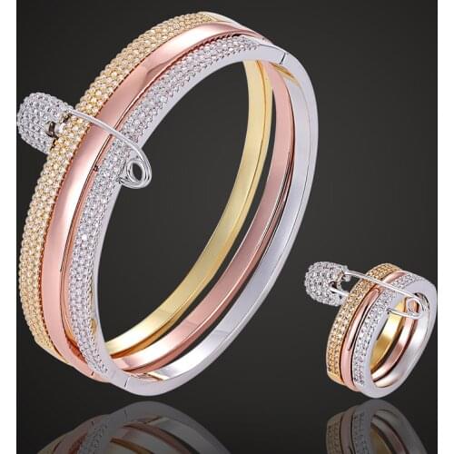 Zlxgirl Luxury brand Guangdong mix color plated bangle with ring couple jewelry sets cubic zircon bangle & ring jewelry sets