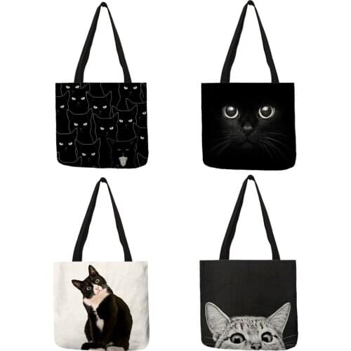 Coloranimal 2020 Cloth Traveling Shopping Bags Cute Black Cat Print Tote Bag for Women Personality Shoulder Bags Ladies Handbags