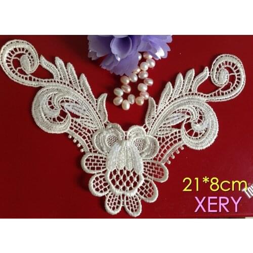 21*8cm SEQUINED&PEARL water soluble Embroidery white paillette V-neck cravat applique,XERY13068
