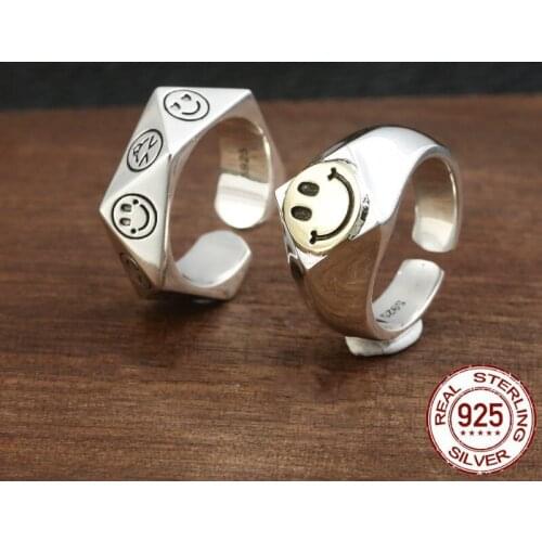 Diamond Smiley Opening Pure 925 Sterling Silver Creativity Adjustable Rings for women Men Jewelry 2020 New Valentines Gift