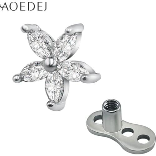 AOEDEJ Flower Crystal Rhinestones Dermal Anchor Stainless Steel Titanium Micro Dermal Piercing Tops Skin Diver body Piercing