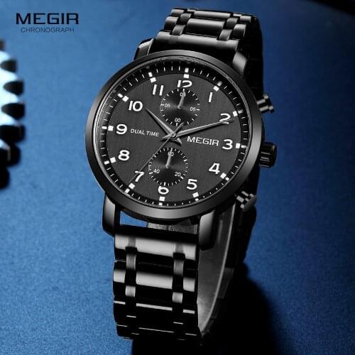 MEGIR Black Watch for Men Luxury Stainless Steel Waterproof Wrist Watch Man Military Sport Chronograph Quartz Watches Relogios