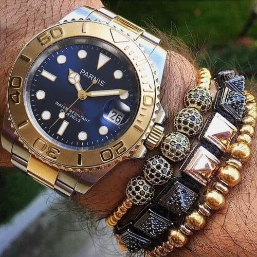 Parnis 40MM Gold Bezel Mechanical Automatic Men Watches Stainless Steel Bracelet Waterproof Mens Watch Man Clock Luxury Brand