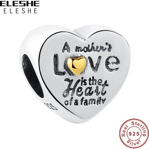 ELESHE Mothers Day 925 Sterling Silver Bead A mothers Love is the Heart of a family Charms Fit Original Bracelet DIY Jewelry
