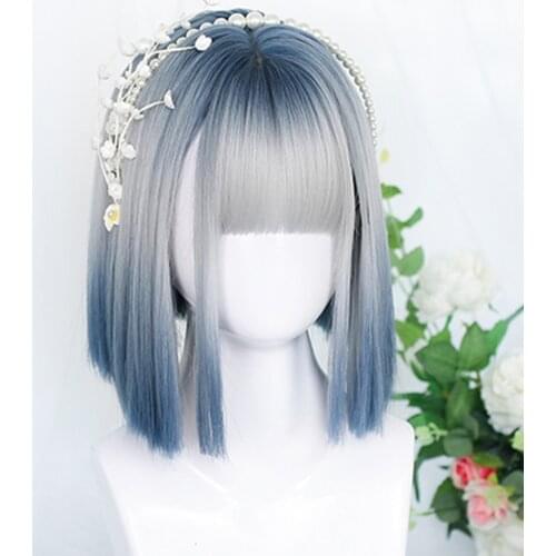 HOIUYAN Short straight blue gradient silver wig women bangs wig synthetic high temperature fiber