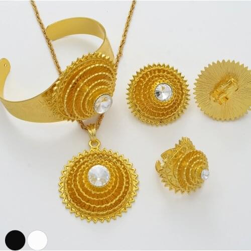 Anniyo White/Black Stone Habesha Jewelry sets Necklace Earrings Bangle Ring Bridal Wedding Gold Color Eritrea Africa set #000315