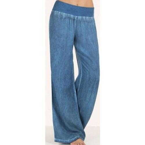 Summer Women Mid waist Soft Jeans Wide Leg pants Casual Fashion Solid Elastic Waist Straight Thin Denim Pants