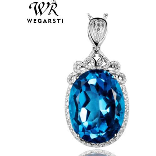 WEGARSTI Silver 925 Sterling Fine Jewelry Pendant Elegant Oval Topaz Blue Gems Wedding Luxury Bijoux Necklace Pendant With Chain