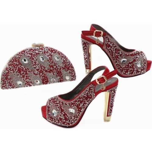 Hot sale ordeaux red women pumps with big crystal and rhinestone decoration african shoes match handbag set for dress X32