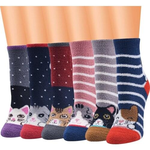 Animal Happy Socks Womens Cute Cat Pattern Winter Warm Anti-friction Socks Comfortable Soft Sleep Breathable Socks