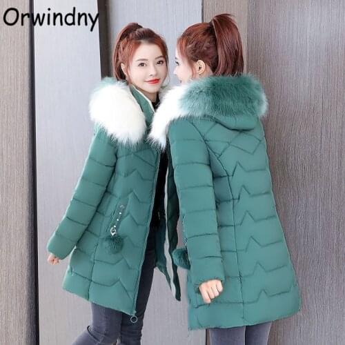 Orwindny 2021 Winter Coats Women Large Fur Collar Thicken Warm Jackets Office Lady Solid Slim Fashion Cotton Padded Clothing