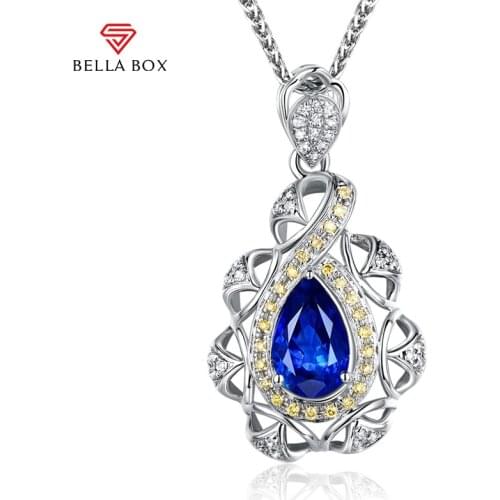 BELLA BOX Classic Women Sapphire Pendant Necklaces 925 Sterling Silver Water Drop With Zircon Engagement Luxury Jewelry