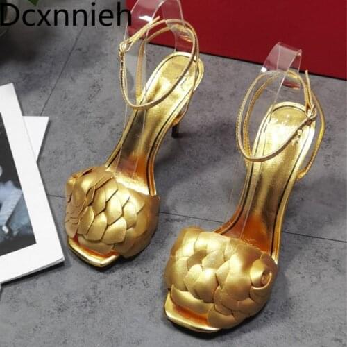 Thin High Heel Sandals Women Black Petals Peep Toe Ankle Strap Gladiator Sandalias Summer Sexy Party Dress Shoes Female Golden
