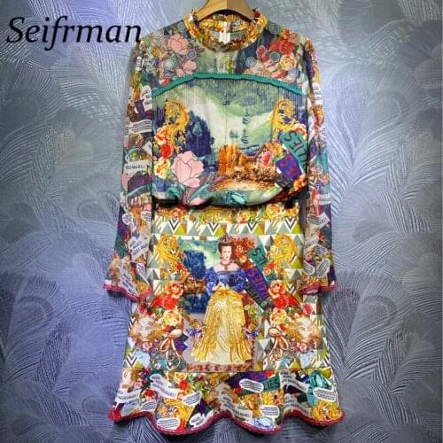 Seifrmann Women Summer Fashion Runway Skirts Flare Sleeve Tassel Tops+High Waist Printed Short Skirts 2 Two Pieces Suits 2021