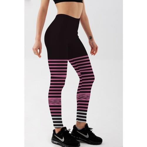 Qickitout Sexy Fashion Pink Stripe Printed Female Fitness Workout Leggings Womens Black&White Slim Elastic Pants Plus size