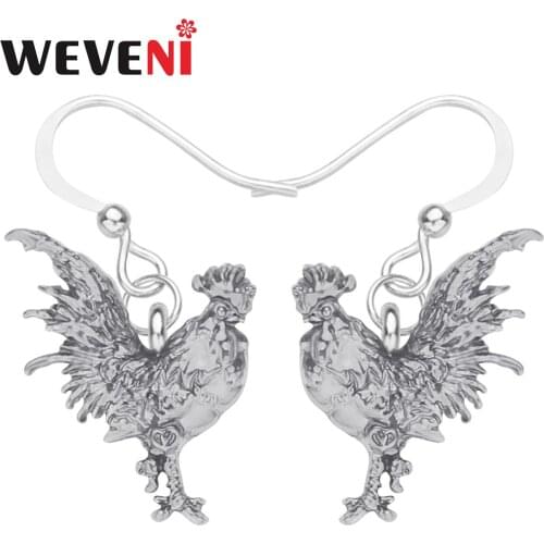 WEVENI Alloy Antique Sliver Plated Rooster Cock Earrings Animal Chicken Drop Dangle Jewelry For Girls Kids Birthday Gift Charms