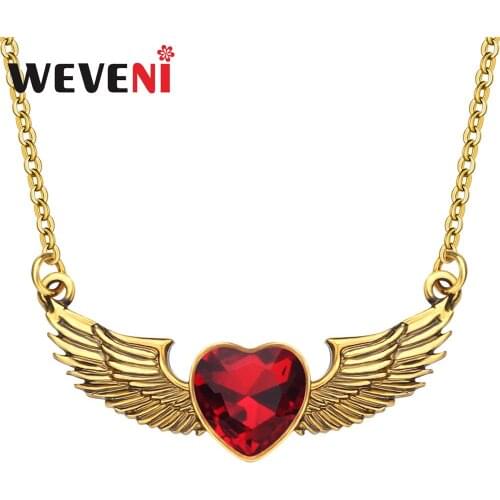 WEVENI Enamel Alloy Rhinestone Heart Wing Necklace Drop Dangle Pendent Chain Jewelry Accessory For Women Girls Teens Charms Gift