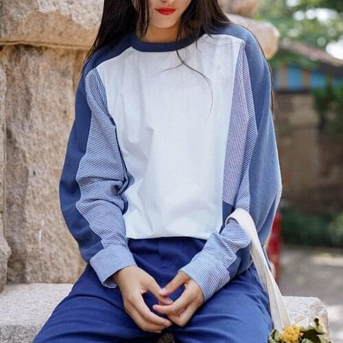 Spring O-neck Long Sleeve Tshirts for Women 2021 New Casual Loose All-match Blouses Patchwork Striped Design Female Tops