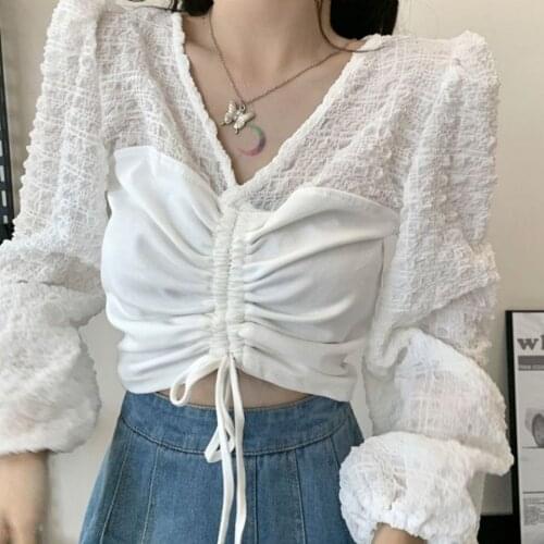 Puff Sleeve Top Women Lace Up Sexy Blouse Crop Top White Basic Tee Shirt High Waist Party Club Clothes V Neck 2021 Autumn New