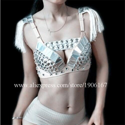 Nightclub Female Women Mirror Bra Ballroom Costumes Bar Singer Show Clothes Performance Dance Party DS Suit
