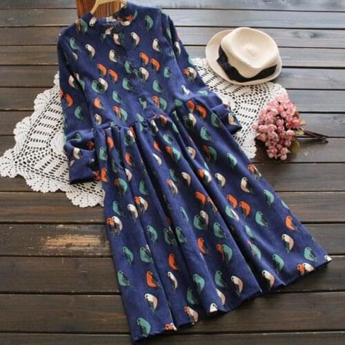 Spring autumn New Women Corduroy Vintage Dress A-line Style Women Front button Full Sleeve Flower Print Dresses Slim Feminino