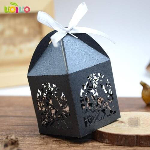 50pcs black color laser cut birdcage wedding candy box baby baptism gift box