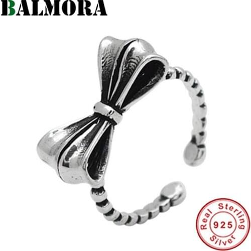 BALMORA 100% 925 Silver Ins Style 3D Bowknot Ring For Women Girl Lover Retro Simple Open Ring Statement Ring Jewelry Gift
