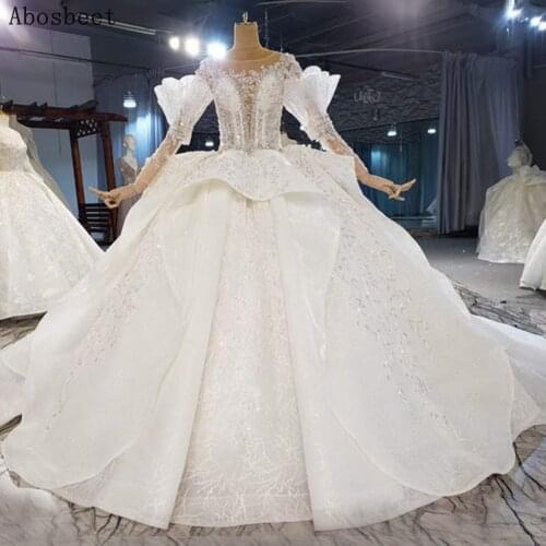 White Plus Size Wedding Dress Puffy Gown 150CM Cathedral Train Long Sleeve Robe Mariee Lace Bridal Gown See Through Top