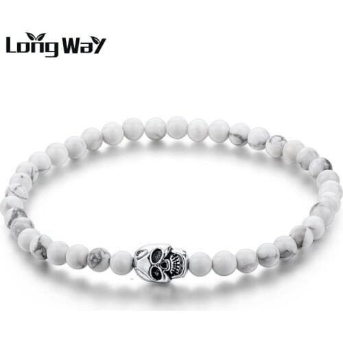 LongWay Retro 4mm White Stone Bracelets Luxury Skull Strand Bracelets For Women Men Jewelry Gifts SBR160251