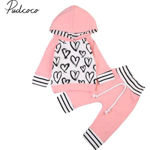 Citgeett Spring Toddler Kids Baby Girls Clothes Pink Love Hooded T-shirt Tops +Long Pants Outfits Set Clothes 0-3Y