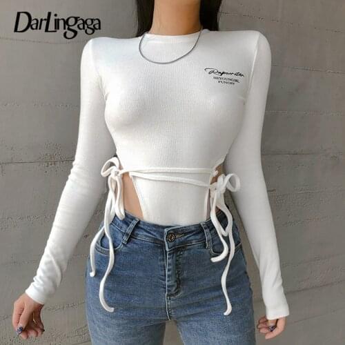 Darlingaga Casual Ribbed Knitted Long Sleeve Bodysuit Women Bodycon Side Lace Up Ladies Body Letter Basic Autumn Bodysuits Tops
