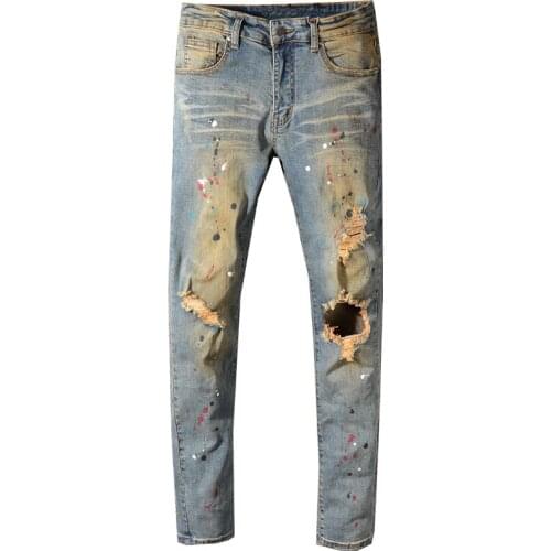 Men Jeans Retro Wash Slim Fit Paint Designer Ripped Jeans Fashion Streetwear Printed Pants Destroyed Hip Hop Jeans