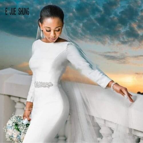 E JUE SHUNG Simple African Stain Wedding Dresses Long Sleeve Scoop Neck Mermaid Bridal Gowns Backless Crystal Sashes Bride Dress