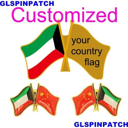 Kuwait Crossed Friendship Flag Double Country lapel pin Brooch USA UK France Chile Russia Saudi Arabia Japan Spain Badge