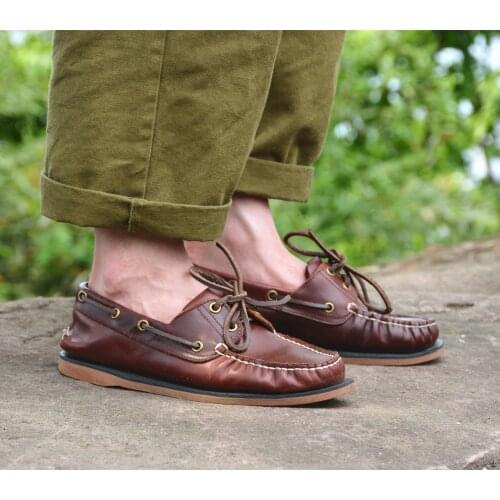 Vintage handmade first layer cowhide mens classic sewing Goodyear low-top sailing shoes mens cowhide casual shoes