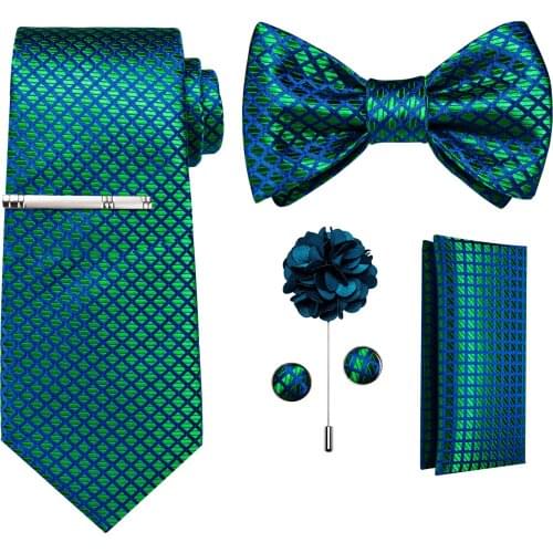 Teal Blue Plaid Ties For Men Self Tie Bow Tie Set Pocket Square Cufflinks Tie Clips Brooch Pin Wedding Party Bowknot Neck Tie