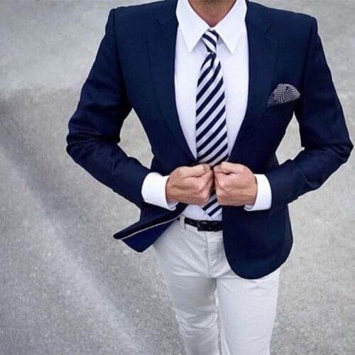 ANNIEBRITNEY Navy 2 Piece Slim Fit Men Suit With White Pants Groom Wedding Tuxedo 2 Piece Prom Wedding Business Men Suit Set