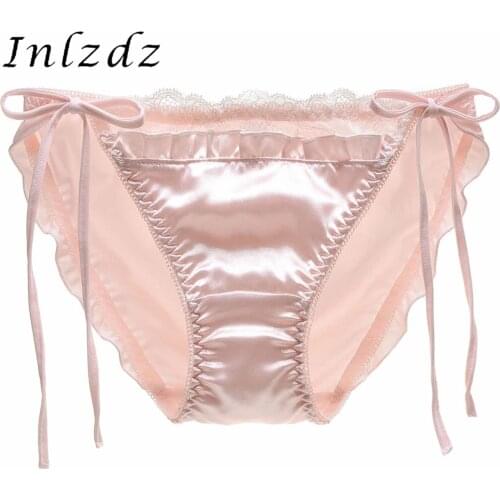 Womens Lingerie Underwear Lace Trim Satin Sexy Briefs Panties Ladies Sides Lace-up Pleated Panties Elastic Waistband Underpants