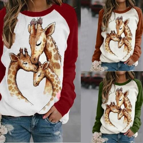 2021 Spring and Autumn New European and American Casual Womens Tops Round Neck Giraffe Print Long-Sleeved T-Shirt