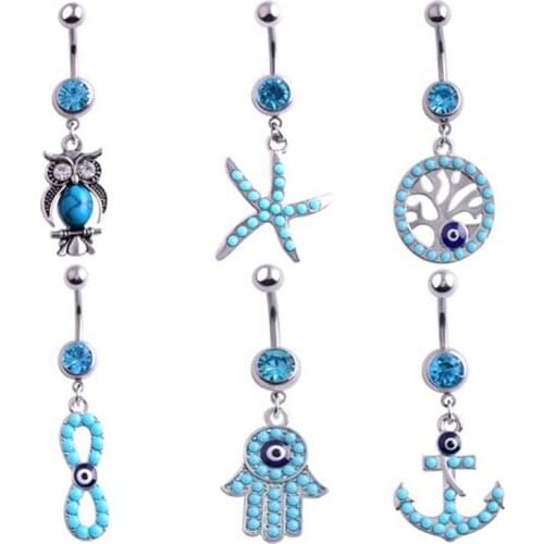 New blue pearl European American stainless steel inlaid navel ring starfish ring life tree belly button