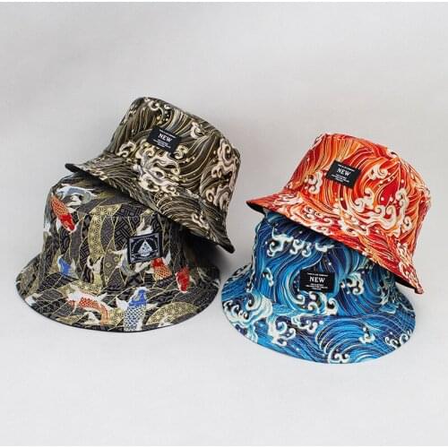 2020 Cotton Koi Fish Print on Both Sides Bucket Hat Fisherman Hat Outdoor Travel Hat Sun Cap Hats for Men and Women