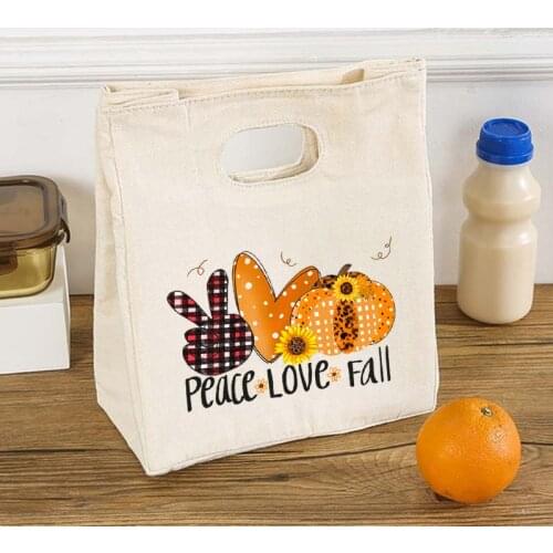 Peace Love Fall Functional Cooler Lunch Bags Portable Insulated Bento Totes Thermal Foods Picnic Storage Pouch Thanksgiving Gift